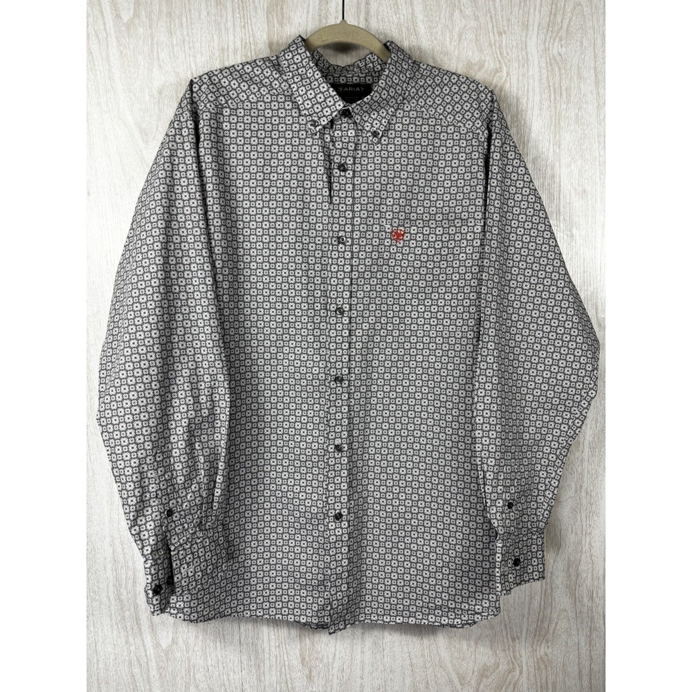 Ariat Western Shirt XL Gray Red White Geometric Cotton Rodeo Cowboy Button Down